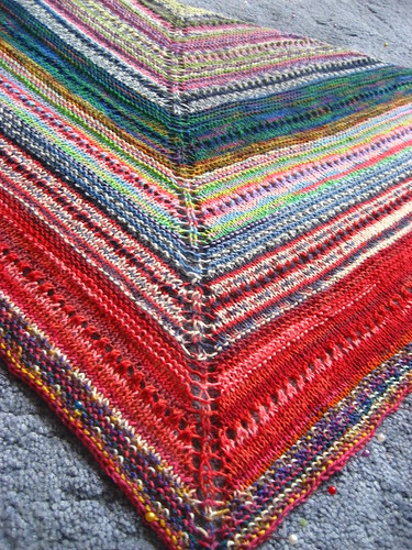 Multicoloured sock yarn shawl - blocking