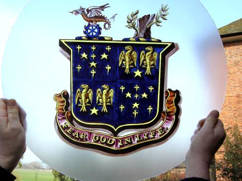 Dinder Hall - the replacement coat of arms when it was ready to leave the studio