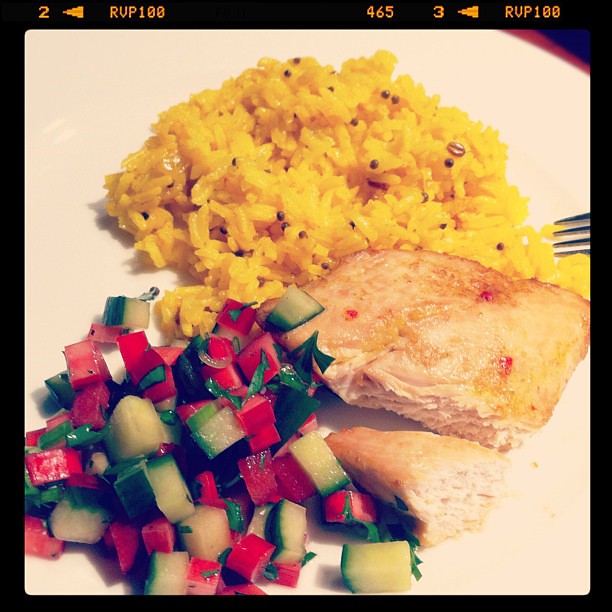 Dinner::Spicy Chicken Breast with Rhubarb-Cucumber Salsa::Spiced Lemon Rice