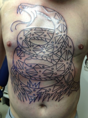 Don't Tread On Me Tattoo line work beginning by KeelHauled Mike
