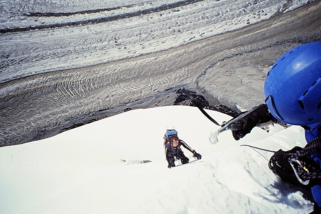 Climbing the snow slopes of Peak Gorky