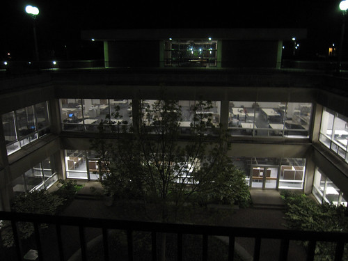 Night time photo of the UGL courtyard