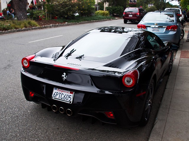 Black Ferrari 458 Italia in downtown Carmel