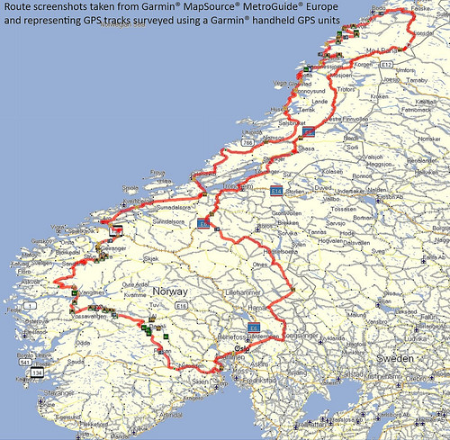 Norwegenkarte mit eingezeichneter Route