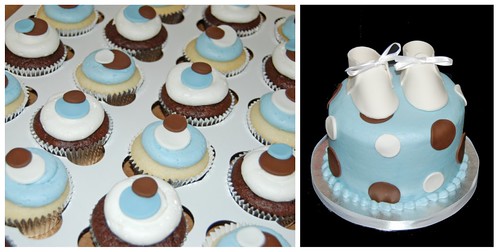blue and brown polka dot baby shower cupcake tower