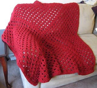 red granny square throw