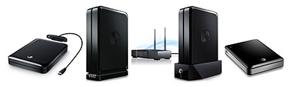 From left: Seagate FreeAgent GoFlex UltraPortable (USB 3.0), Desk, Home, Satellite.