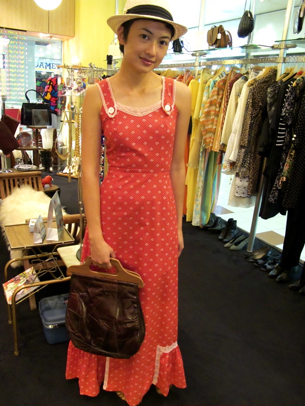  Pretty! Long red maxi dress with white trim (XS); 1970s faux leather patchwork bag with wooden handle