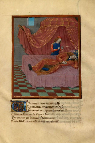 001-Rene duerme en su cama y Deseo de pie ante el-detalle-fol 1-Le livre du Coeur d'amour épris, par le roi René d'Anjou-1460-BNF