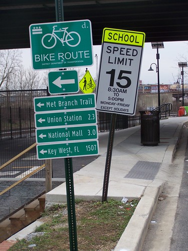 DC bicycle route sign on the Metropolitan Branch Trail shows Key West as a destination