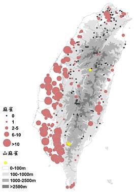 台灣BBS2009-2011調查所知台灣麻雀數量分布。（圖片來源：特生中心BBS Taiwan）