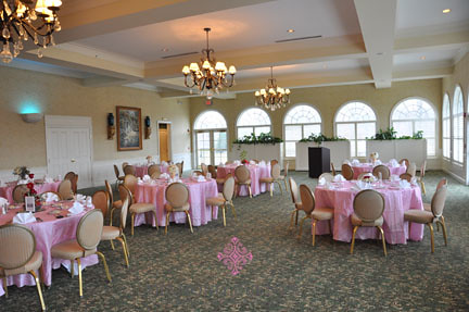 Stonewall Golf Club ballroom set in pink pintuck linens Diamond Events