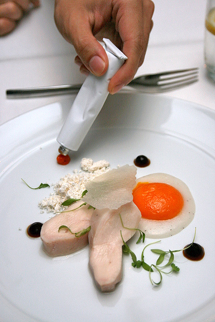 4th Course FROM THE LAND: farm chicken breast, 63 degrees egg yolk, rice paper, sesame powder, soy gel, coriander leaves