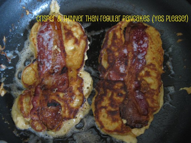 peanut flour-buttermilk pancakes stuffed w/ bacon