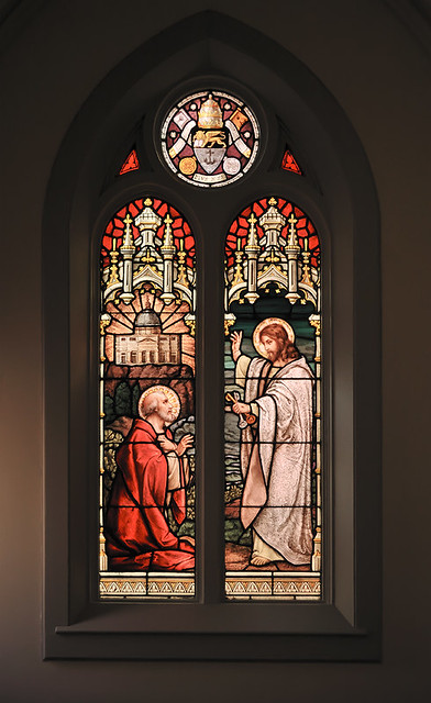 Saint Peter Roman Catholic Church, in Jefferson City, Missouri, USA - stained glass window of Christ granting Saint Peter the keys to the Kingdom of Heaven