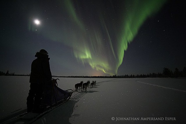 dogsled musher under a full moon, near Kiruna, Sweden