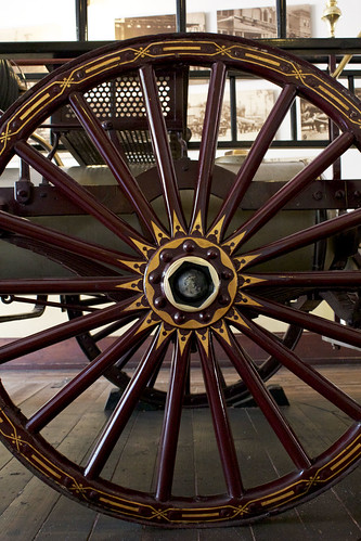 decorative antique fire engine wheel, fire house number 1, los angeles