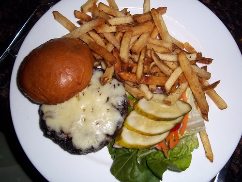 Charred burger and fries