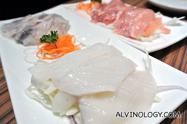 Slices of squid, fish, chicken