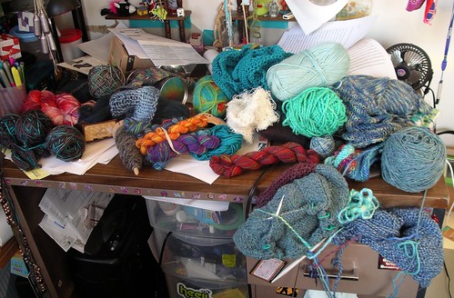 My desk, covered in yarn