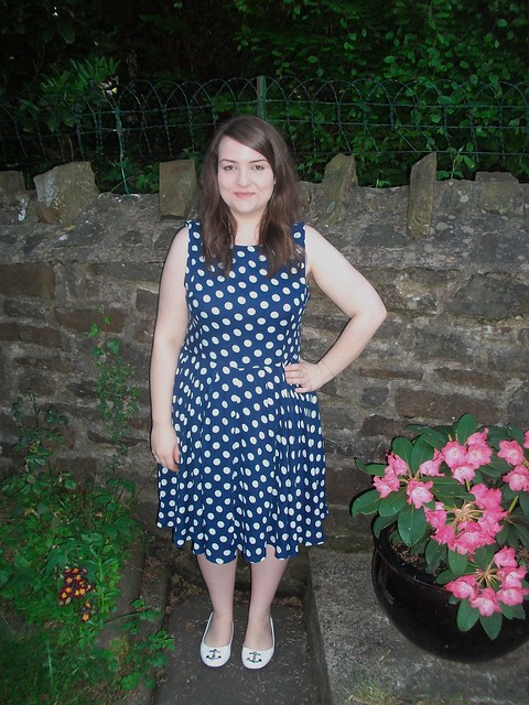 navy blue and white polka dot dress