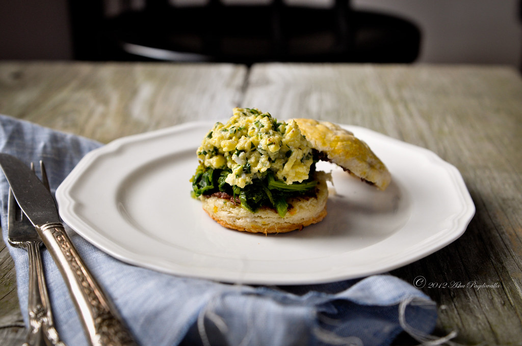 Egg sandwich - chives scrambled egg, spinach on scone
