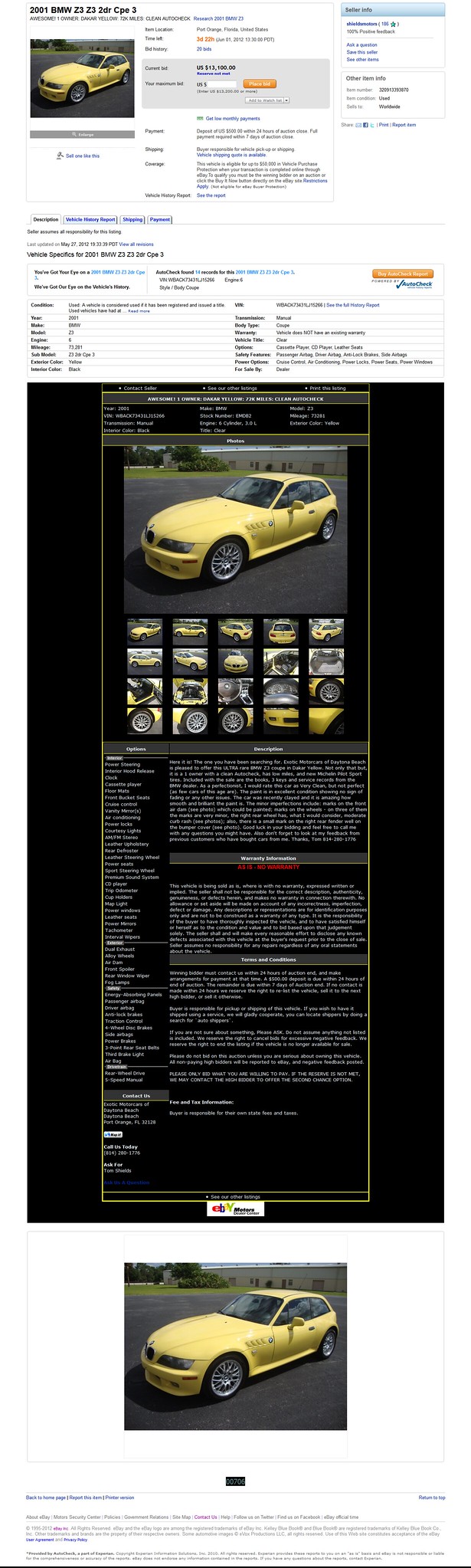 2001 Z3 Coupe | Dakar Yellow | Black | VIN WBACK73431LJ15266 | eBay Ad Screenshot | Item # 320913393870 | shieldsmotors