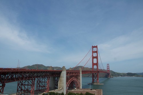 View of the full span of the Golden Gate Bridge, taken from the San Francisco side