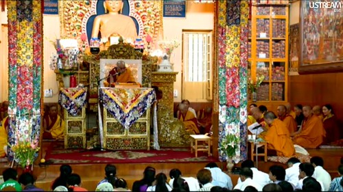 On calming one's mind, to benefit all sentient beings, His Holiness the Great 14th Dalai Lama, teaching live over the Internet Introductory Buddhist Teachings, Tibetan Buddhist monk, ornate symbolic throne, Main Tibetan Temple in Dharamsala, India by Wonderlane