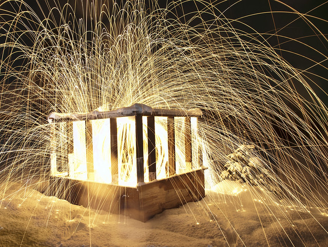 Long Exposure of Steel Wool Sparks at Night in the Snow