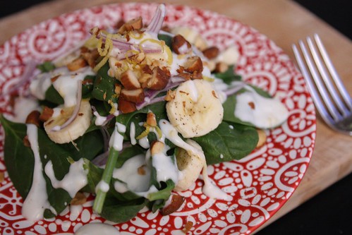 Banana Spinach Salad with Honey Yogurt Dressing and Roasted Almonds