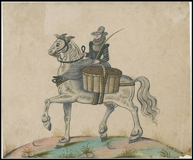 frilled-neck costumed woman rides side-saddle with baskets on large horse