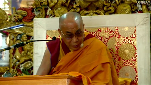 Calm abiding, special insight, His Holiness the Great 14th Dalai Lama, teaching live over the Internet Introductory Buddhist Teachings, Tibetan Buddhist monk, ornate symbolic throne, Tibetan Temple, Dharamsala, India by Wonderlane