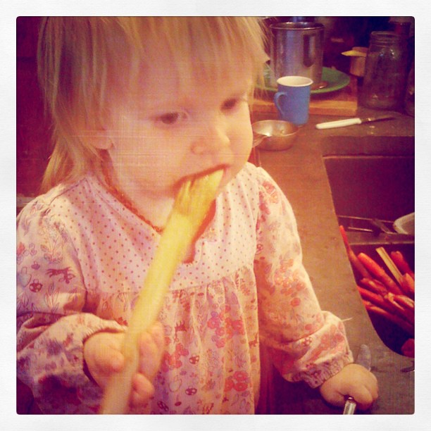 Raw rhubarb, and a little one loves it!