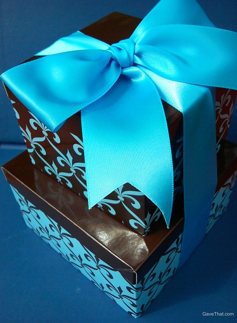 Lovely blue and brown gift box tower by Gift Accept filled with cookies