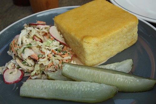 Cabbage Radish Slaw, Cornbread, and Pickles