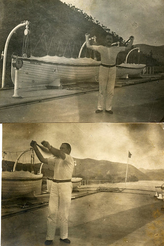 Captain Arthur Wesley Dixon on the deck of paddle steamer 'Sainam' (Hong Kong, Canton and Macau steamboat company). Xi River, China. Exercising with Indian clubs.