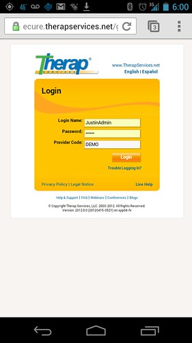 Screenshot of Therap login page on an android phone.