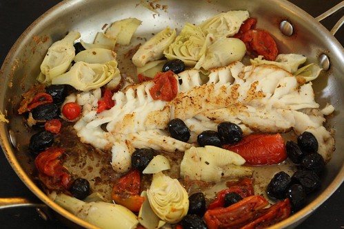 Pan Roasted Cod with Tomatoes, Olives, and Artichoke Hearts
