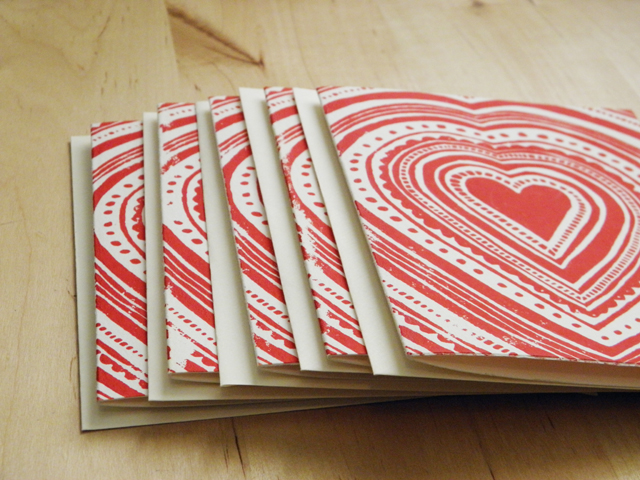 Card Set - Red Heart Block Print