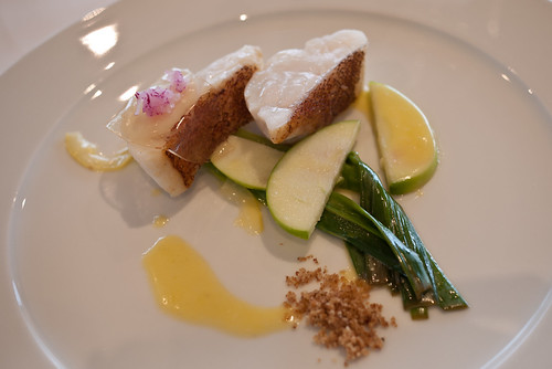 Ocean trout, baby leek, apples, green tomato jelly, lemon, radish, anchovy crumb at The Source, Mona