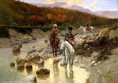 Franz Roubaud - Cossacks in the Mountain River [1898] by Gandalf's Gallery