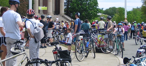 Cyclists gather at the Veteran's Memorial in Newton for a Rally in 2008