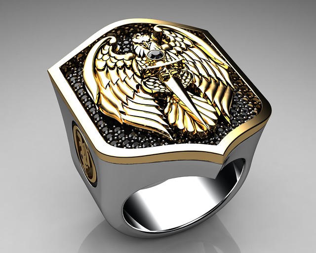 Unique Mens Ring Eagle Shield Ring Sterling Silver and Gold with Black ...