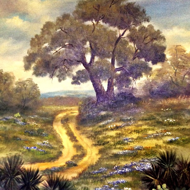I love the Texas Hill Country. This is a painting someone donated to our church. Bluebonnets and Cactus. <3 #igtexas #iphonetx #Texas #Austin #art