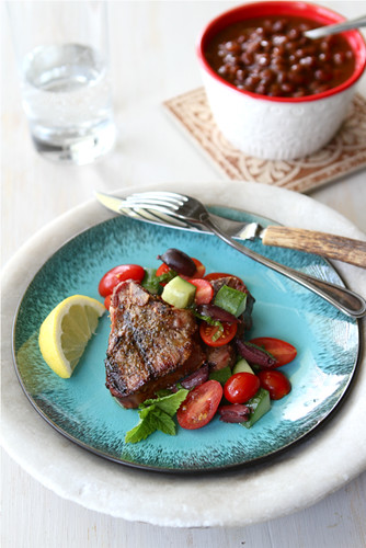 Greek Grilled Lamb Chops Recipe with Tomato, Cucumber & Kalamata Olive Salad