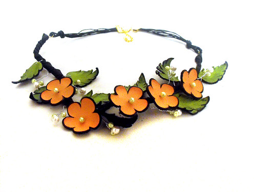 Statement necklace Leather necklace with tangerine flowers