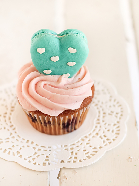 Heart Polkadot Macarons & Vanilla Bean Blueberry Cupcakes