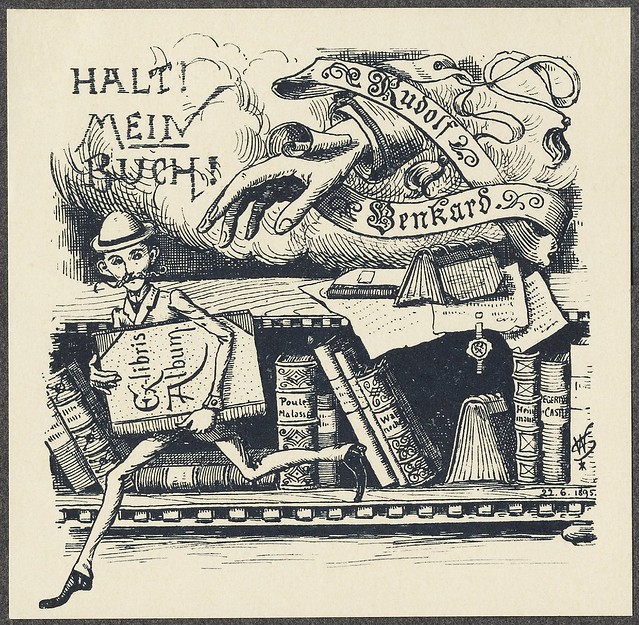 fun, engraved bookplate scene - man running with book, hand reaching after him