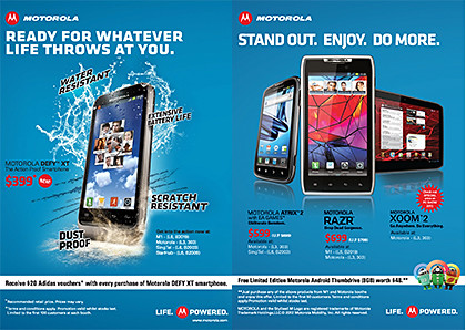 Motorola's PC Show 2012 promotions for the Defy XT, RAZR, and ATRIX 2 smartphones; XOOM 2 tablet; MotoACTV and accessories.